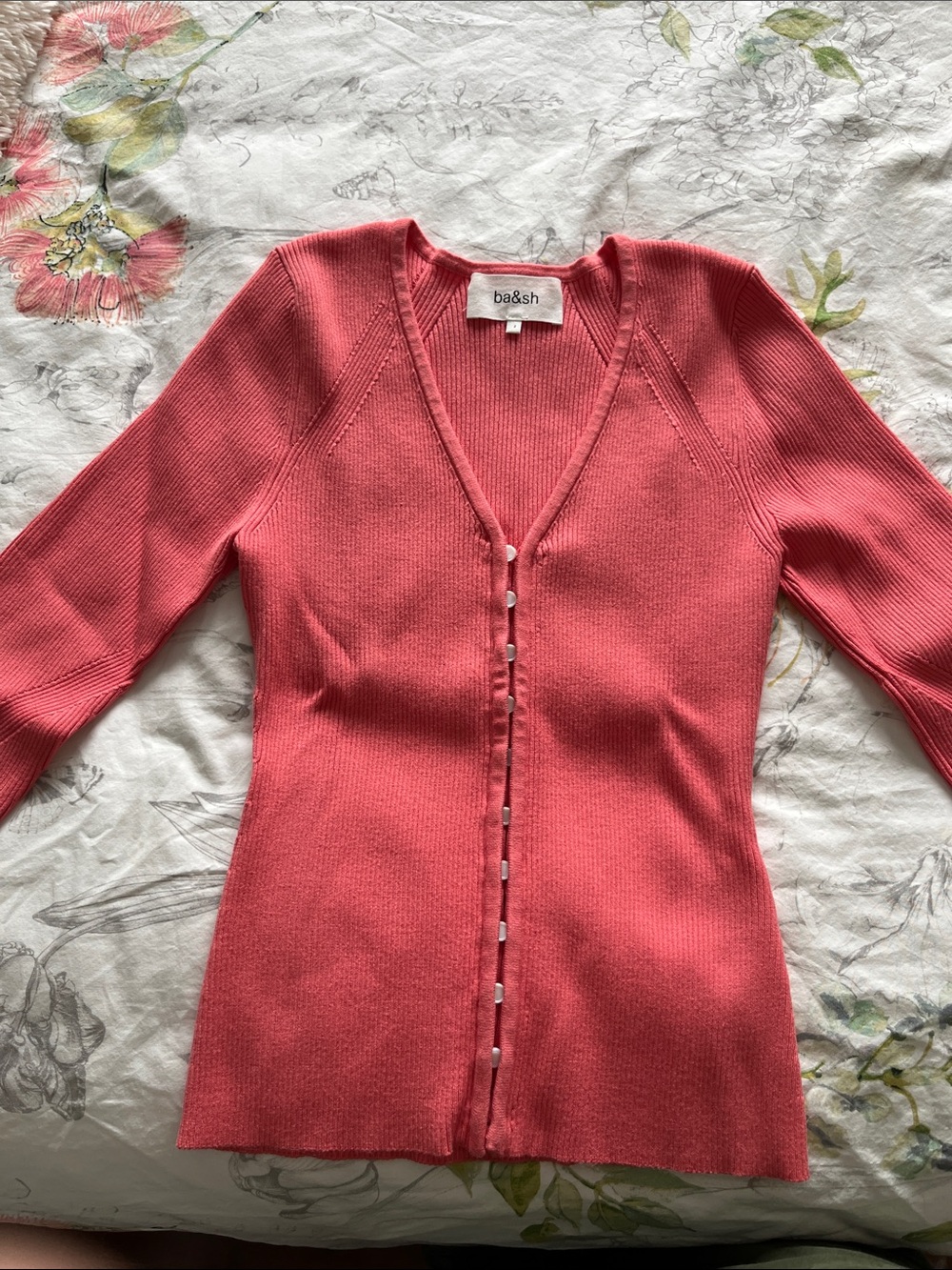 ba&sh Coral-Pink Button-Front V-Neck Ribbed Cardigan